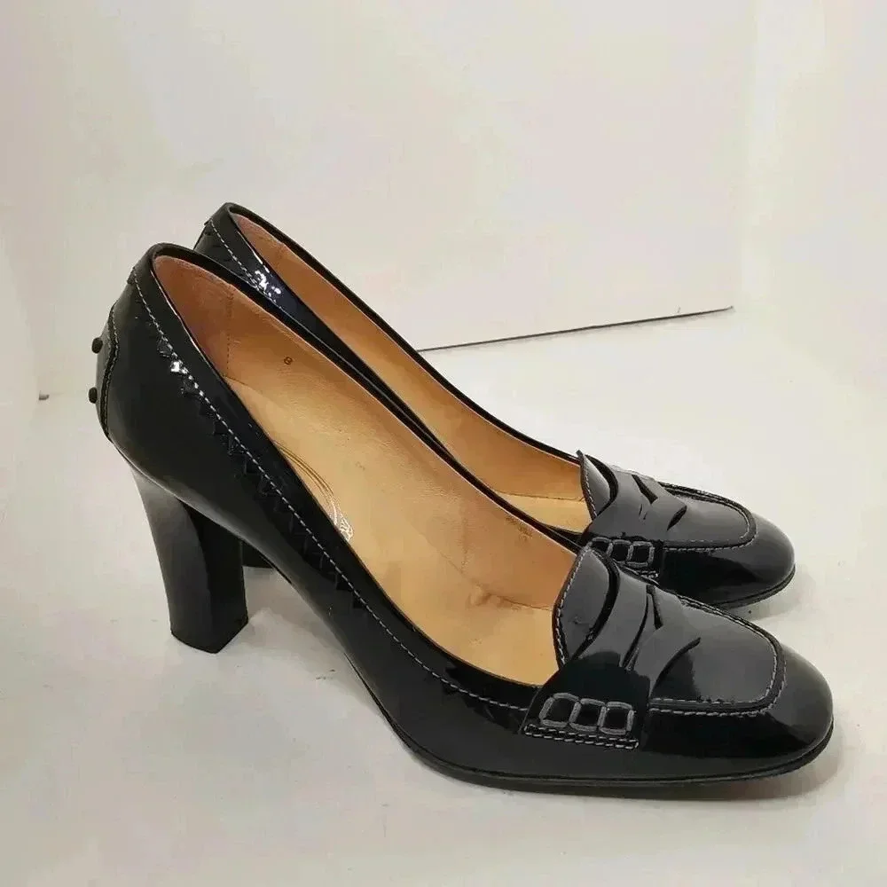 Tod's Black Patent Leather 'Jodie' Penny Loafer Pumps 8